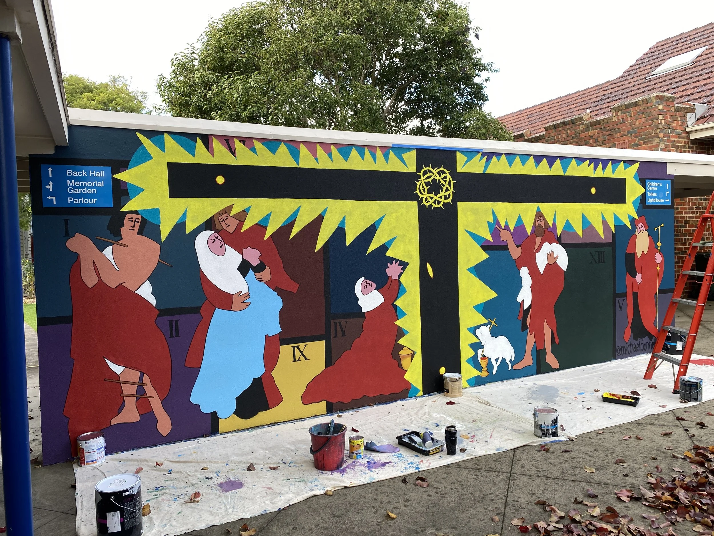 Ashy Mural for Pentecost 2026, 2.5 x 8m, Acrylic Exterior House Paint. With Matthias Grunewald's figures.