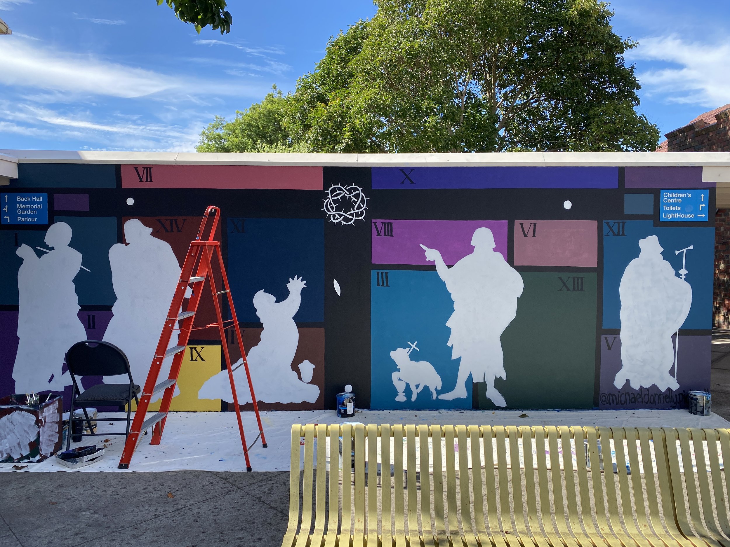 Ashy Mural for Lent 2026, 2.5 x 8m, Acrylic Exterior House Paint. Stations of the Cross in progress.