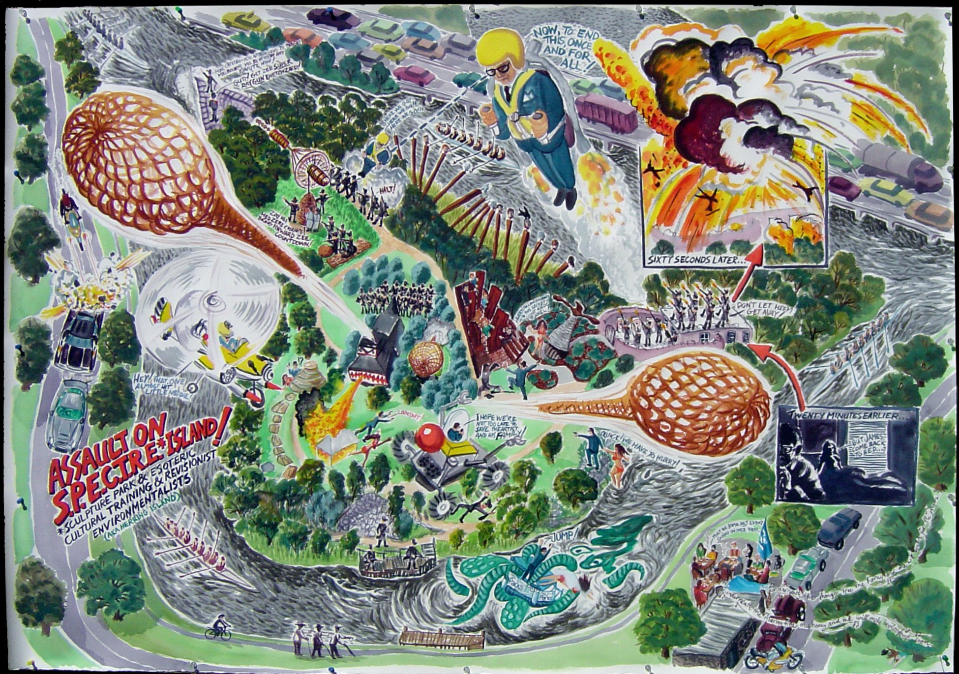 “Assault on SPECTRE Is”, Mixed media on Arches Watercolour paper, 122 x 168cm, 2005. Framed.