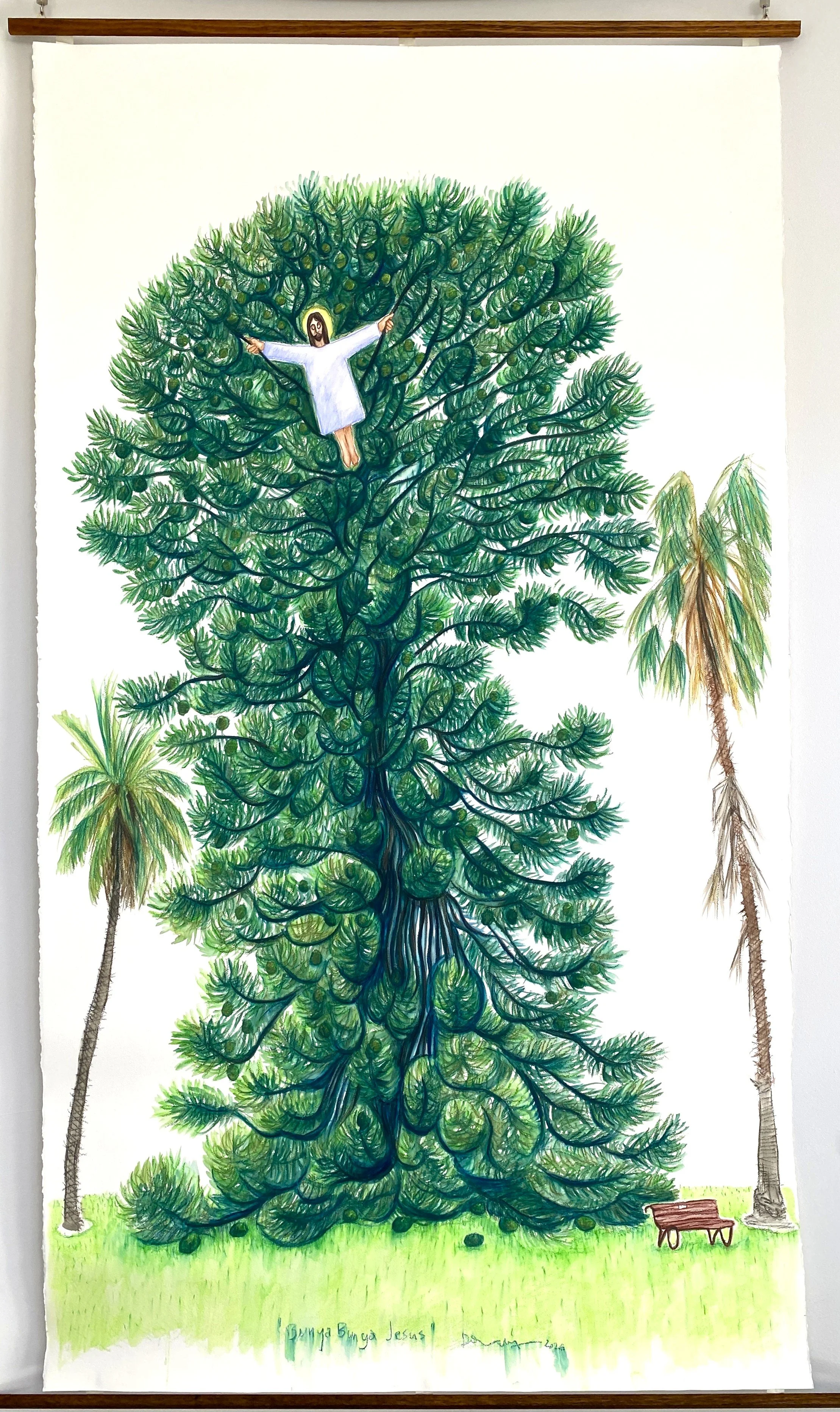 ‘Bunya Bunya Jesus’, Caran d’Ache Aquarelle Oil Pastels, brush and wash, on 300g Arches Watercolour Paper, 2m x 1.15m. 2026.