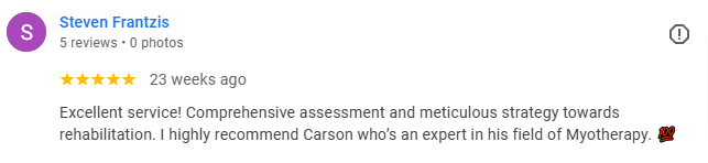 Screenshot of a Yelp review by Steven Frantzis praising Carson for his expert myotherapy services.
