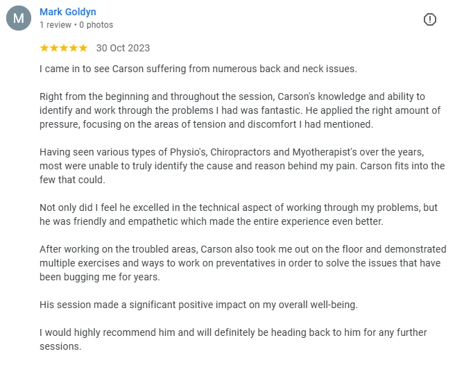 Screenshot of a positive online review about Carson's back and neck treatment, mentioning his expertise, friendly demeanor, and effective exercises.