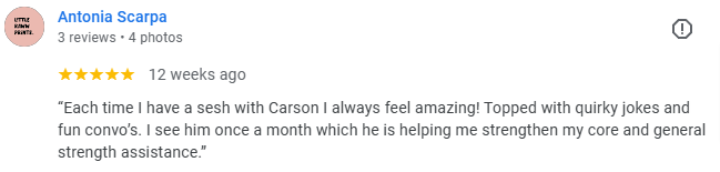 Customer review from Antonia Scarpa praising Carson for helping her strengthen her core and improve her strength through sit-ups, noting his fun and encouraging demeanor.