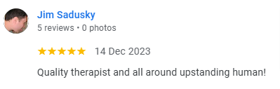 Profile review of Jim Sadusky, showing his name, reviews, date, and a quote about him being a quality therapist.