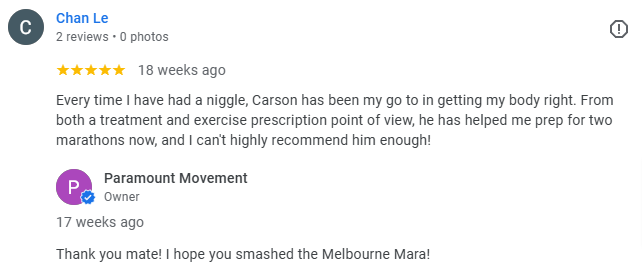 Screenshot of a Google review and reply discussing Carson's personal training services.