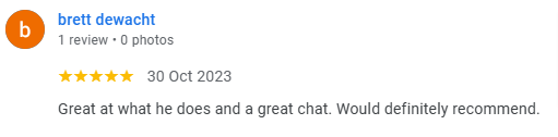 Screenshot of a review by Brett Dewacht on October 30, 2023, praising someone's work and chat, recommending them.