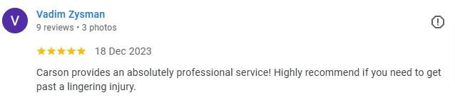 Screenshot of a Google review from Vadim Zysman praising Carson for professional service and recommending them for injuries.