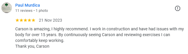 Screenshot of a Google review by Paul Murdica praising Carson for his work and recommending him.