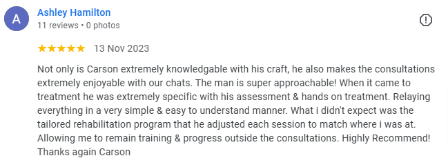 Screenshot of a 5-star written review by Ashley Hamilton for Carson, praising his knowledge, diagnostic skills, and personalized rehabilitation program.