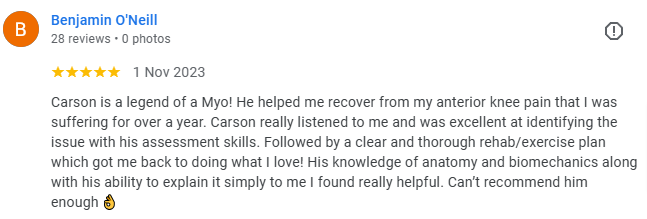 Screenshot of a Google review praising Carson for his physiotherapy skills, from a customer named Benjamin O'Neill.