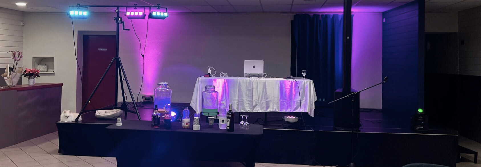Installation lumière et espace DJ pour animation dansante privée, avec éclairage violet et bleu créant une ambiance festive et élégante.