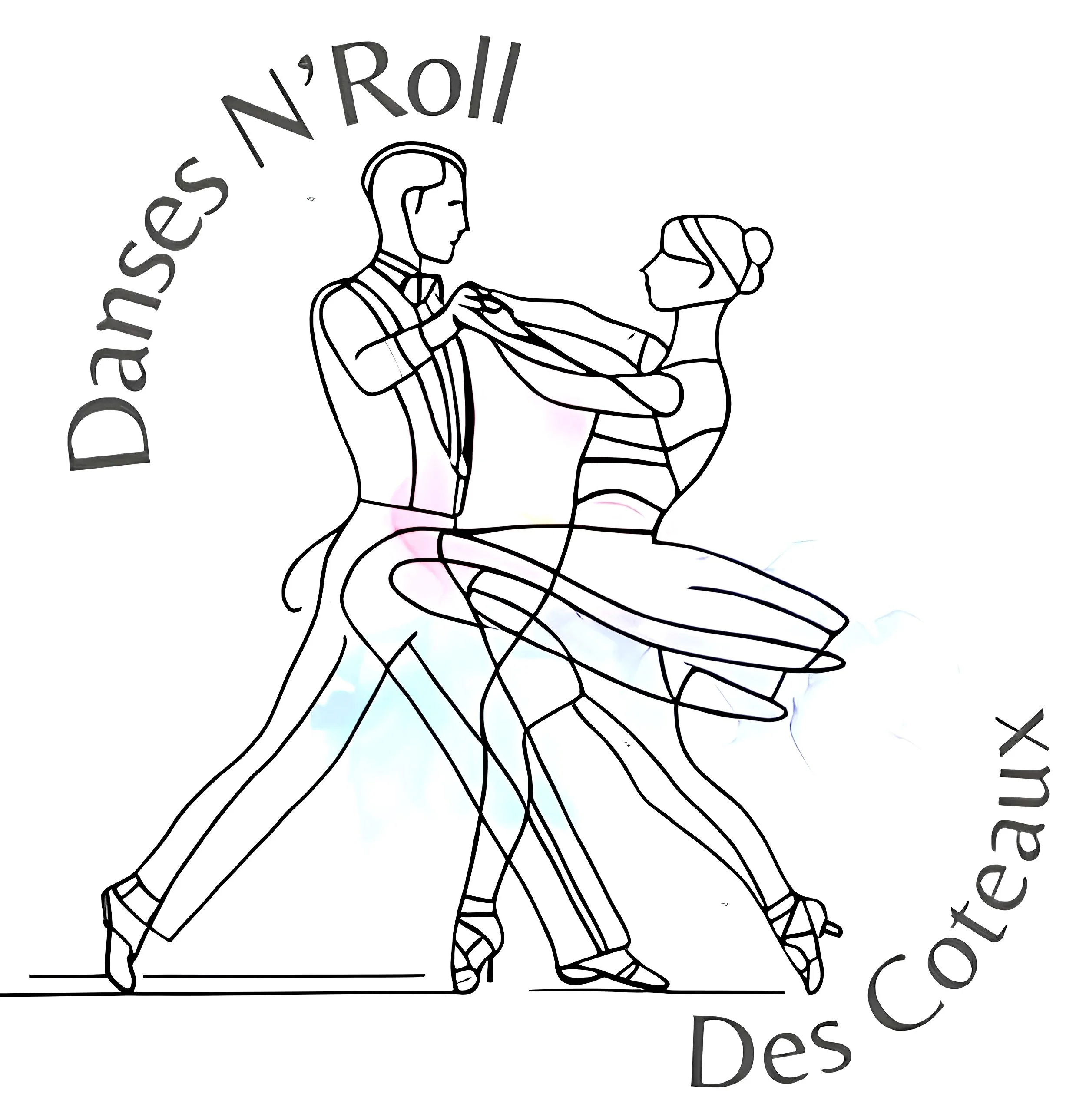 Illustration en lignes de deux personnes dansant le rock 'n' roll, une homme et une femme, avec le texte 'Danses N'Roll' en haut et 'Des Coeurs' en bas, en français.