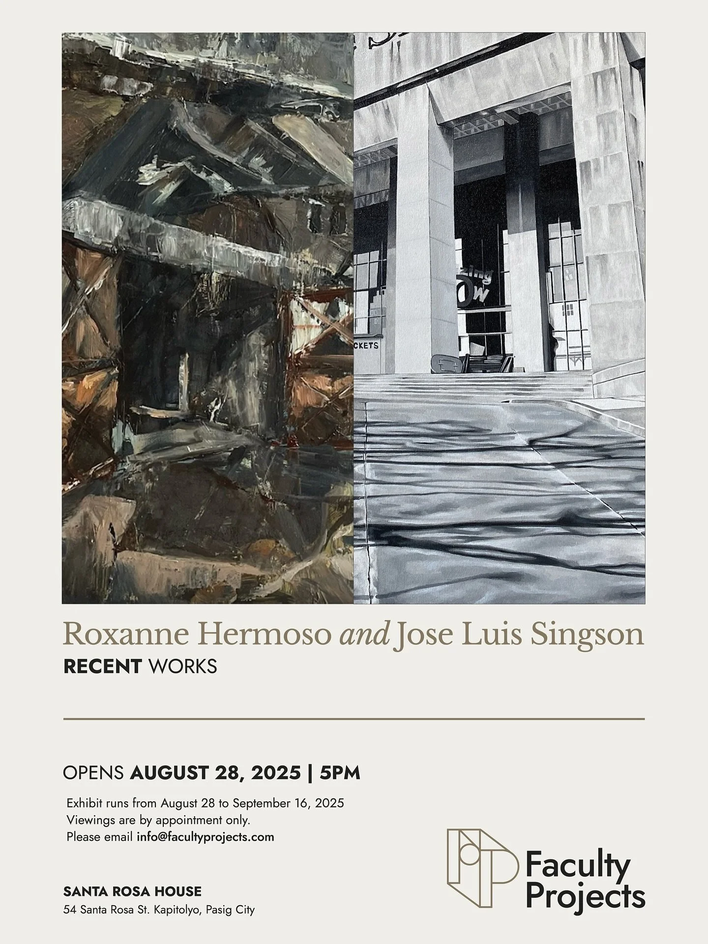 We&rsquo;re excited to present recent works of Roxanne Hermoso and Jose Luis Singson. ✨

Opening and artist reception is on August 28, 2025 at 5PM at Santa Rosa House, this exhibition brings together two distinct yet resonant practices&mdash;Hermoso&