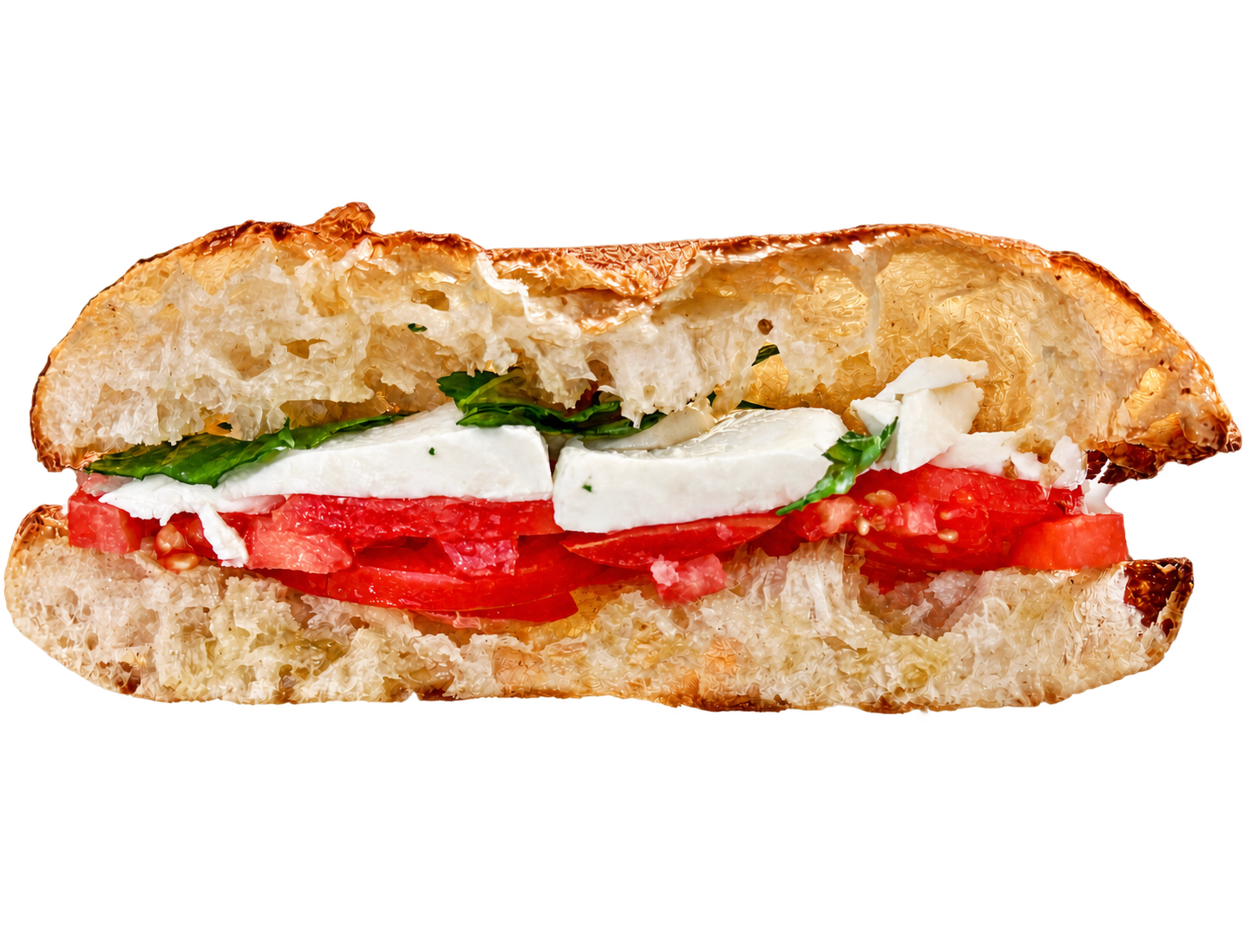 OOPS panino with an airy, crisp crust, tomato, mozzarella and basil