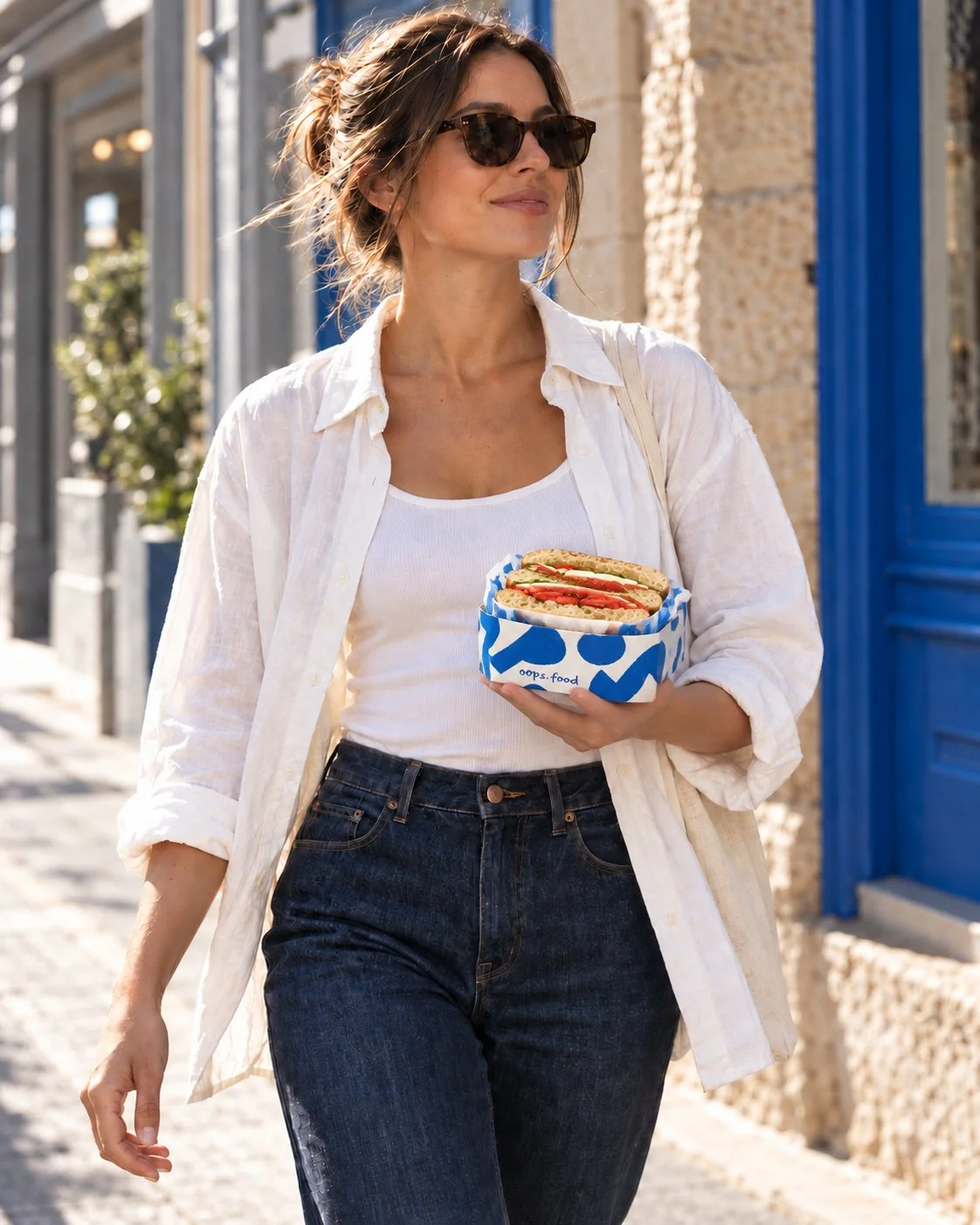 Woman walking with an OOPS panino in its blue and white packaging