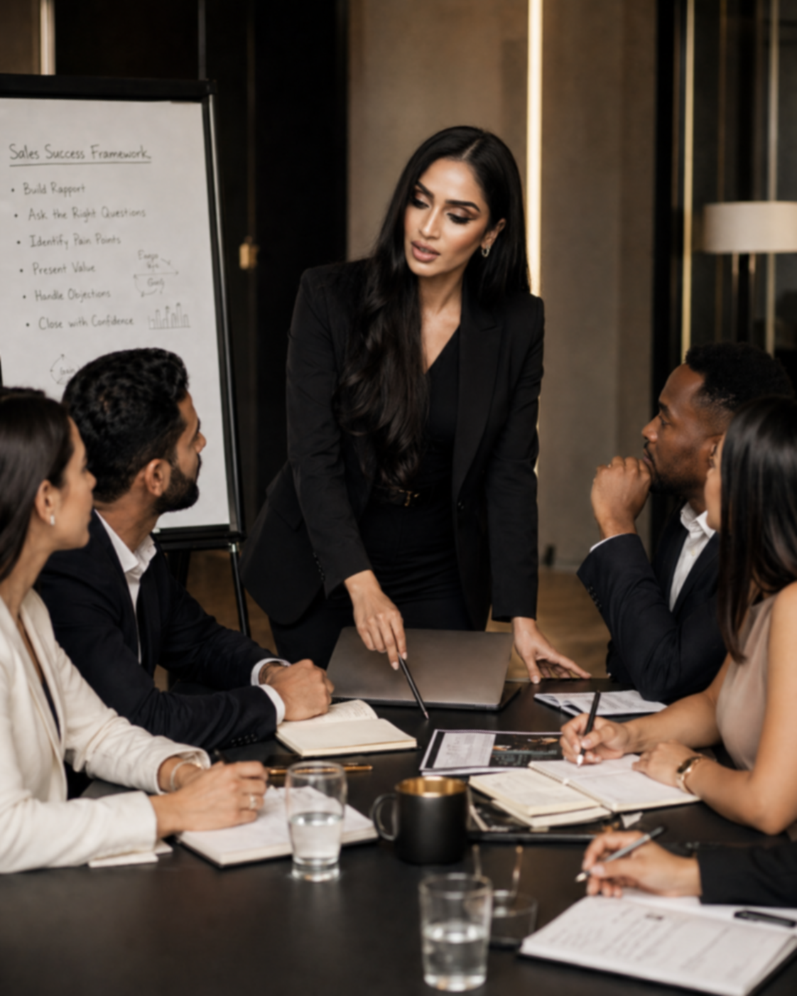 A woman presents in front of a whiteboard with colorful sticky notes, while five people sit around a table with laptops and notebooks in a bright, modern office.