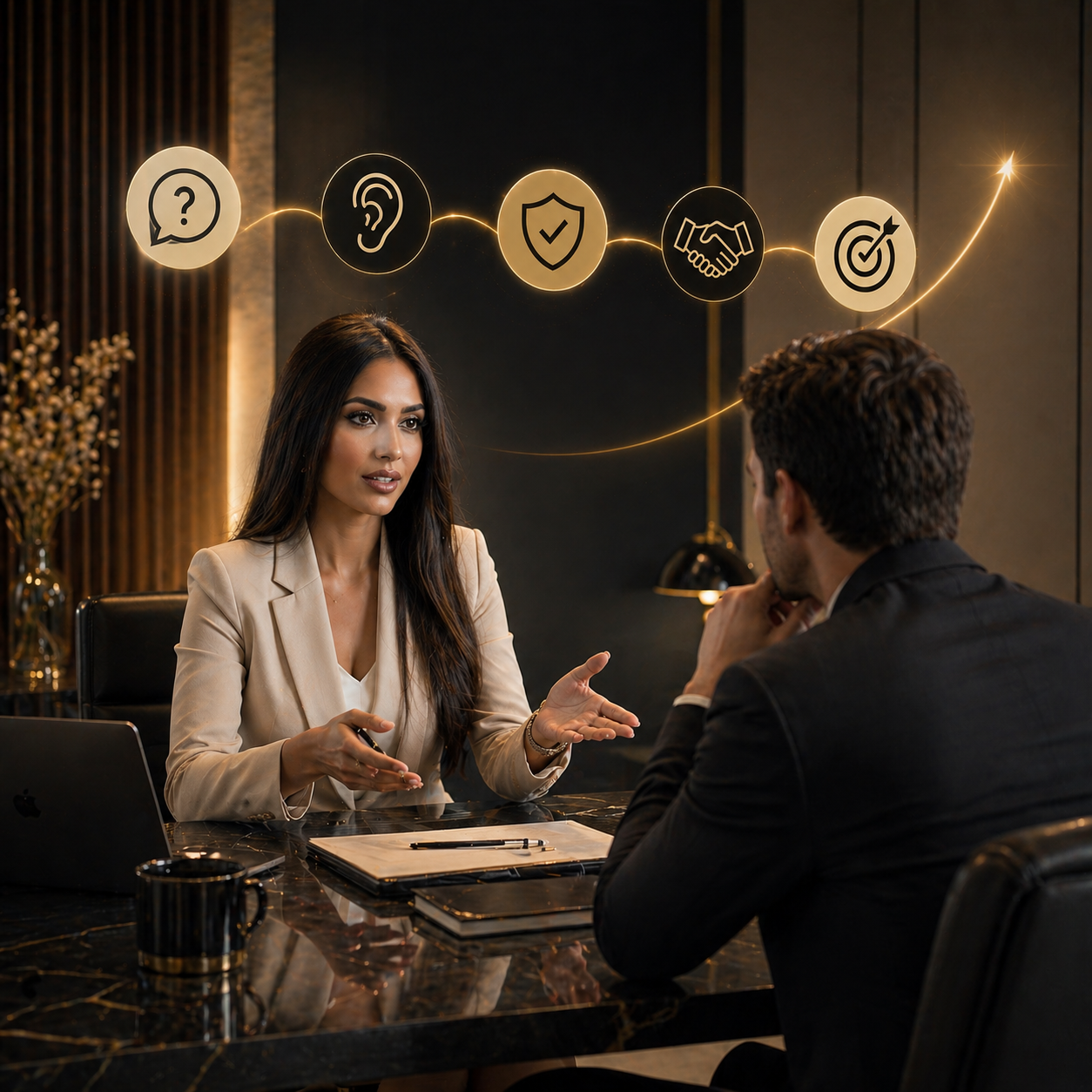 Two people shaking hands in the foreground, with a group of people talking in the background in a modern office space.