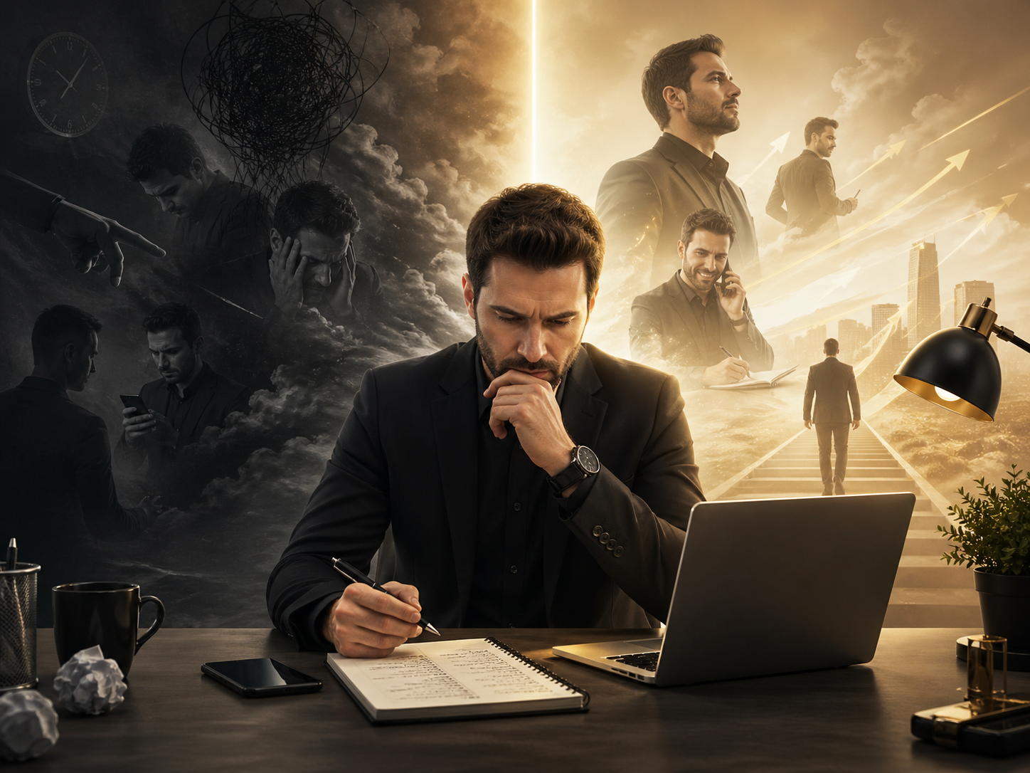 A woman with dark hair holds her head with both hands, appearing distressed or confused, against a light background.