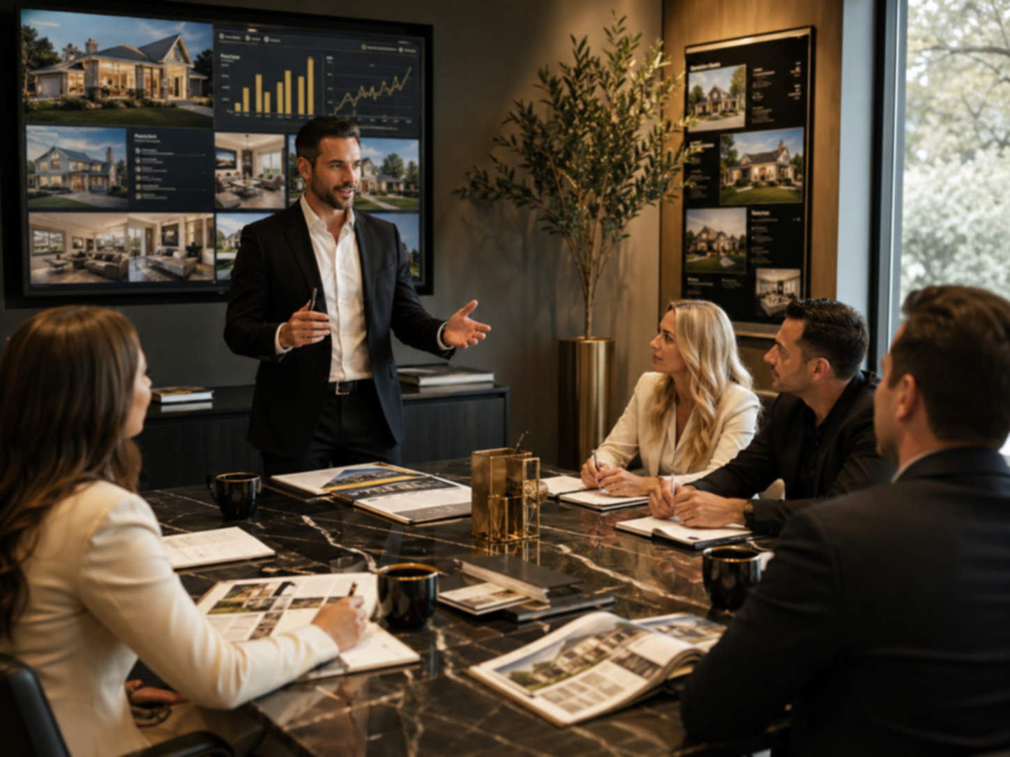 A miniature house, architectural plans, a magnifying glass, and a piggy bank on a wooden surface indicating home planning and savings.