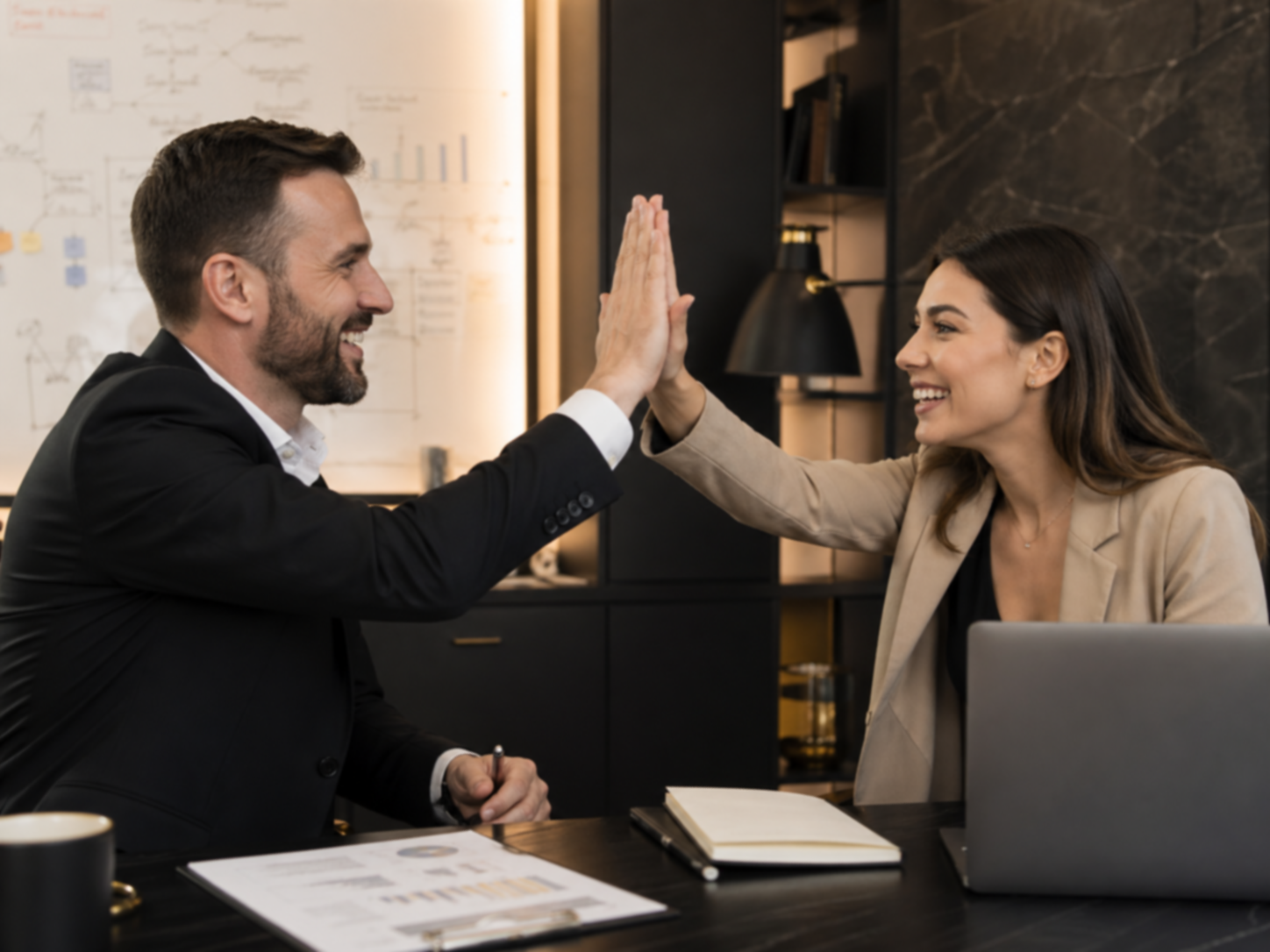 Two women sitting at a table with laptops, chatting, in a bright room with large windows and houseplants.