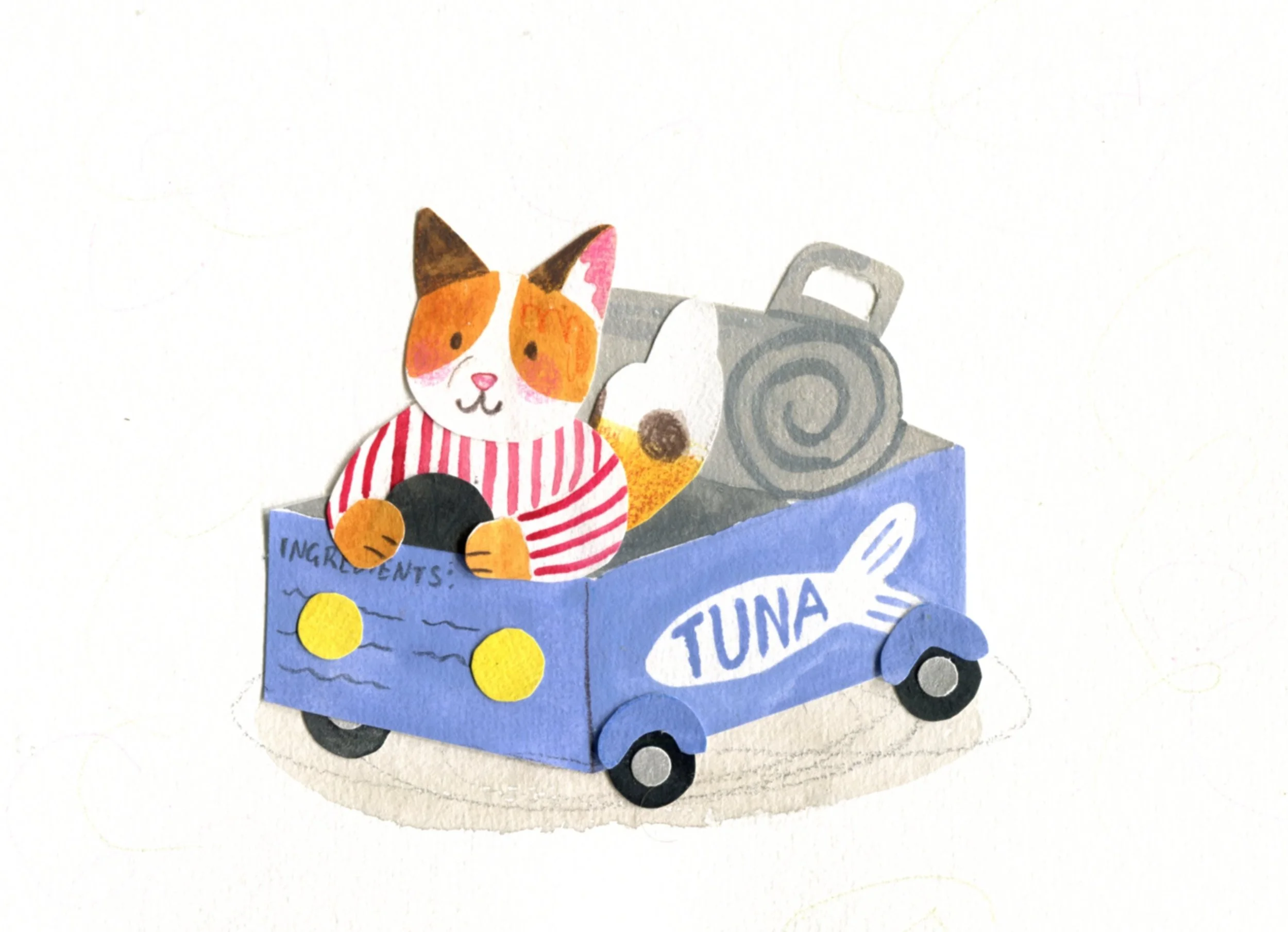 Illustration of a cat with orange and white fur wearing a red and white striped shirt sitting in a blue toy truck labeled "TUNA" with a fish graphic. 