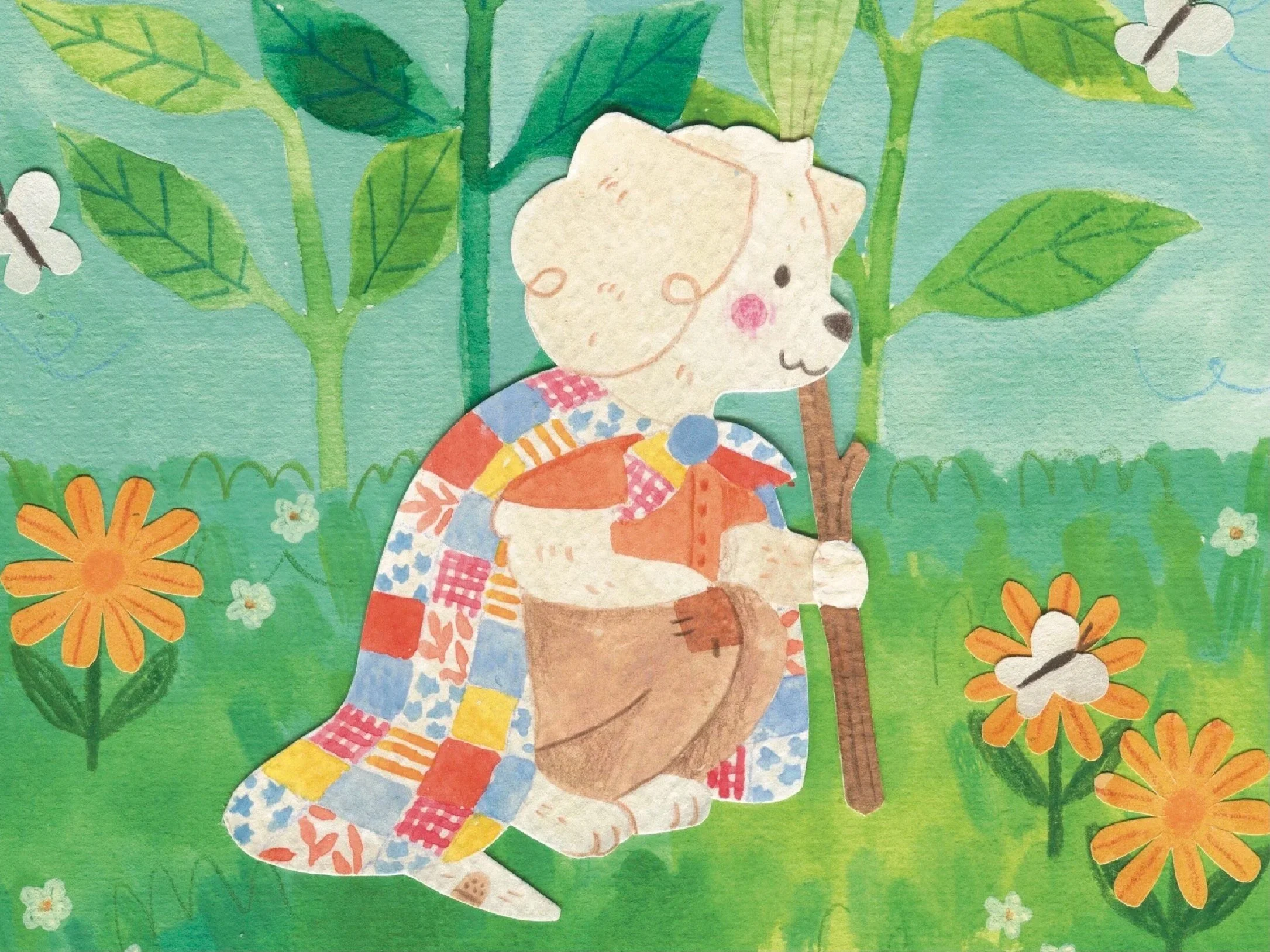 Watercolor illustration of a cute dog sitting outdoors among green leaves, orange flowers, and white butterflies, holding a stick.