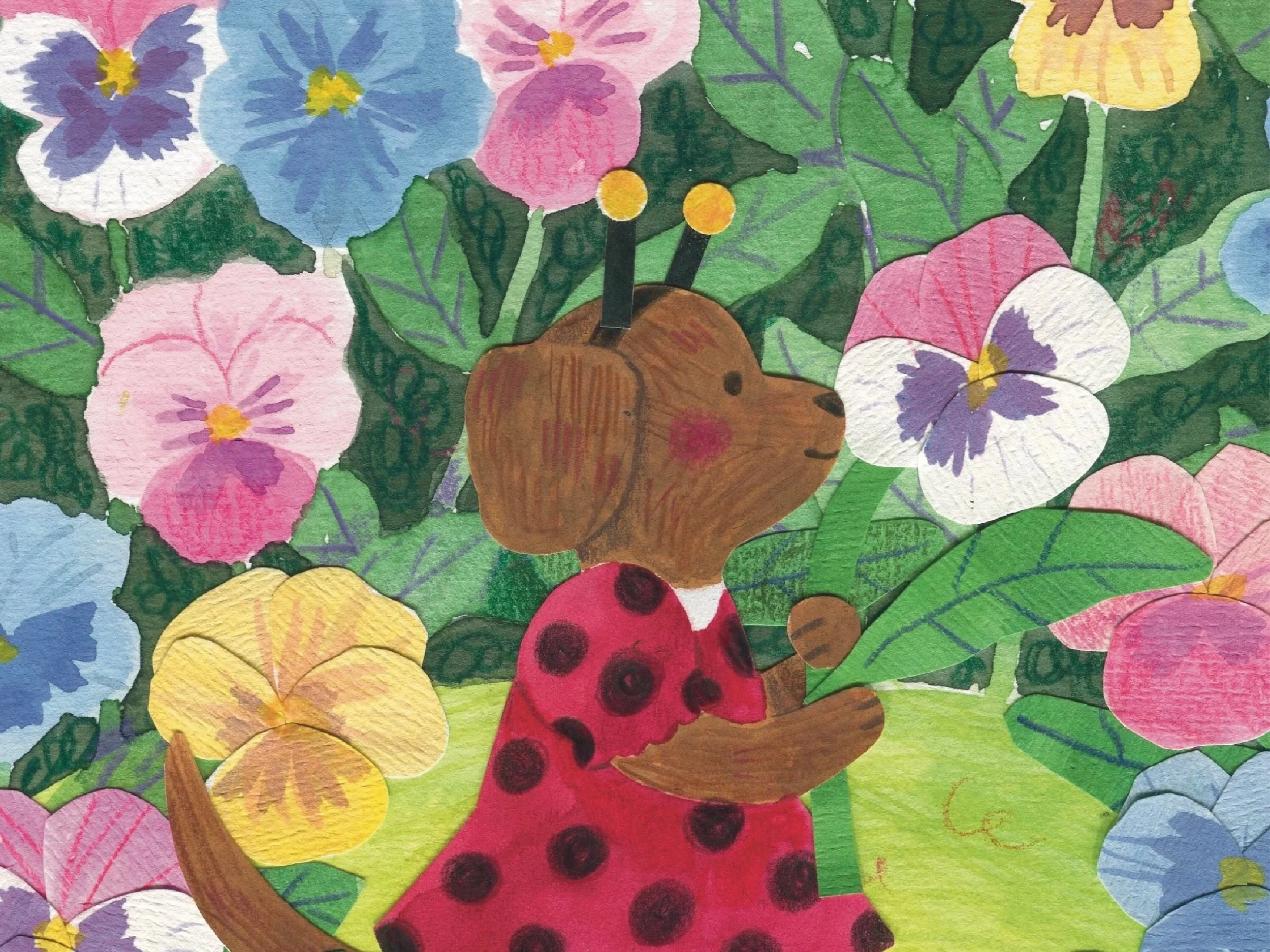 A cartoon drawing of a brown dog with a red polka dot dress, holding a green leaf, surrounded by colorful flowers and green leaves.