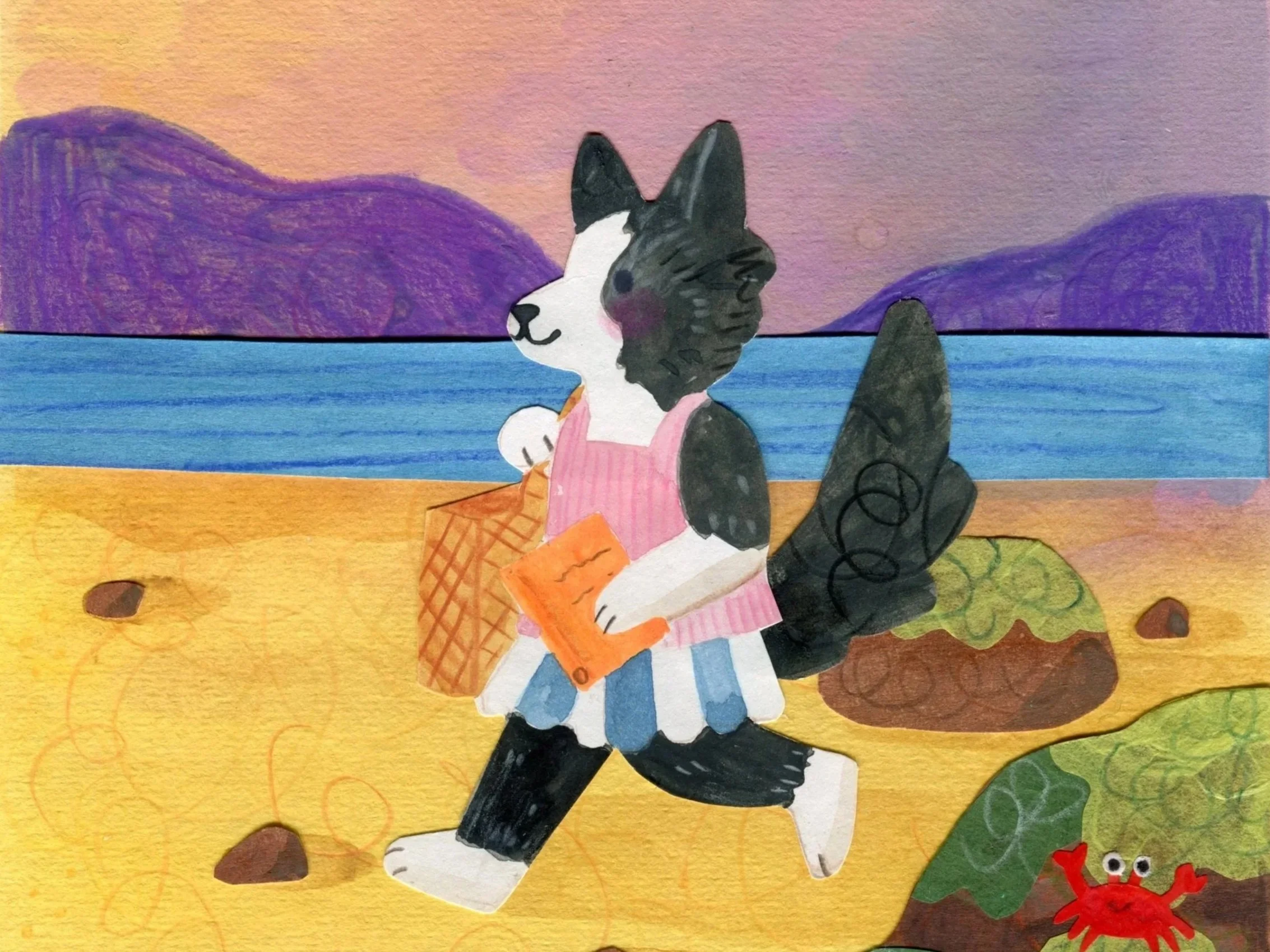An illustrated scene of a border collie dog running on a beach with a basket and a book, with mountains, lake, and a crab in the background.