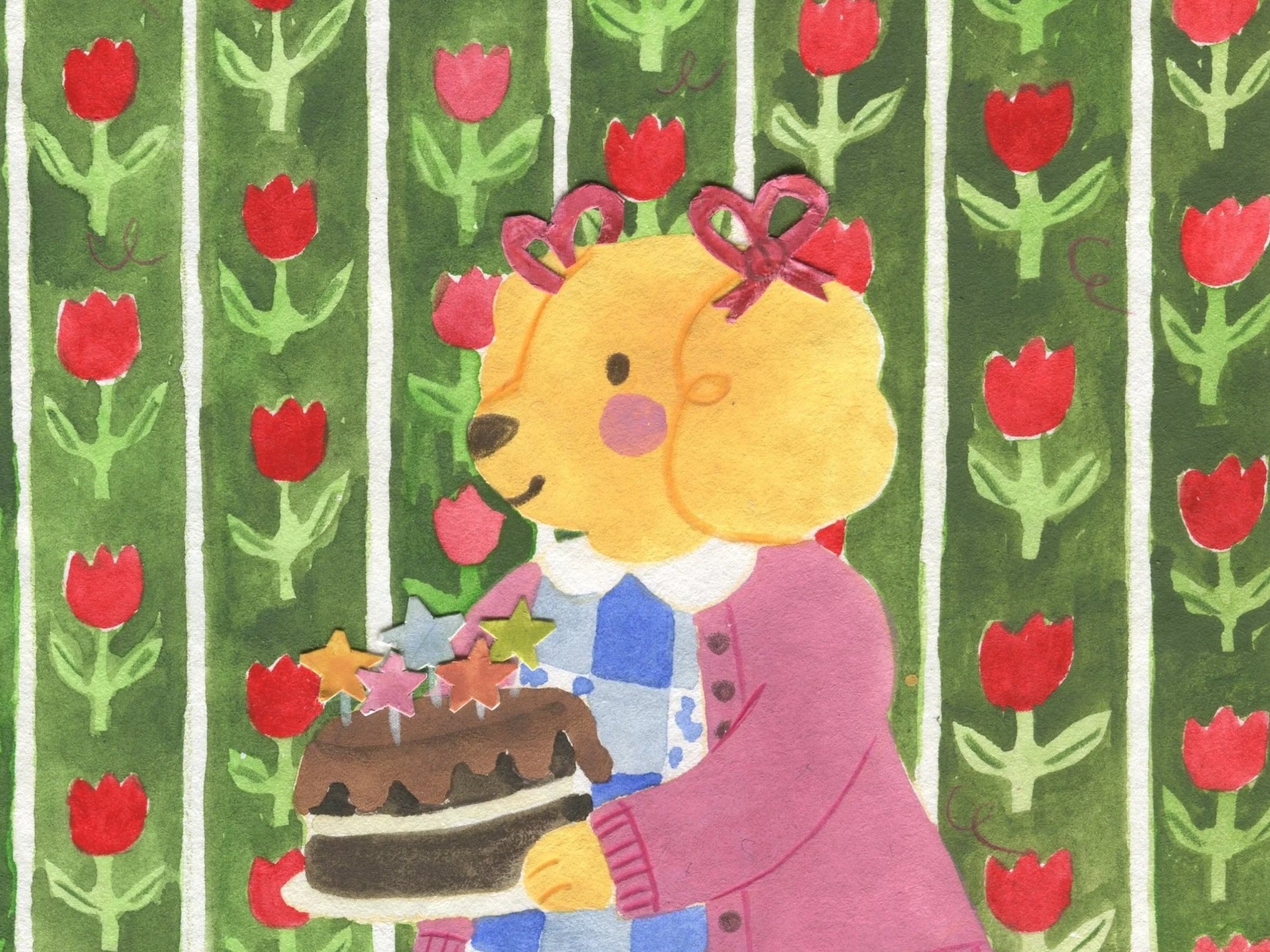 A cute golden retriever with pink cheeks and a princess crown is holding a birthday cake with colourful star-shaped candles in front of a floral background of red tulips.