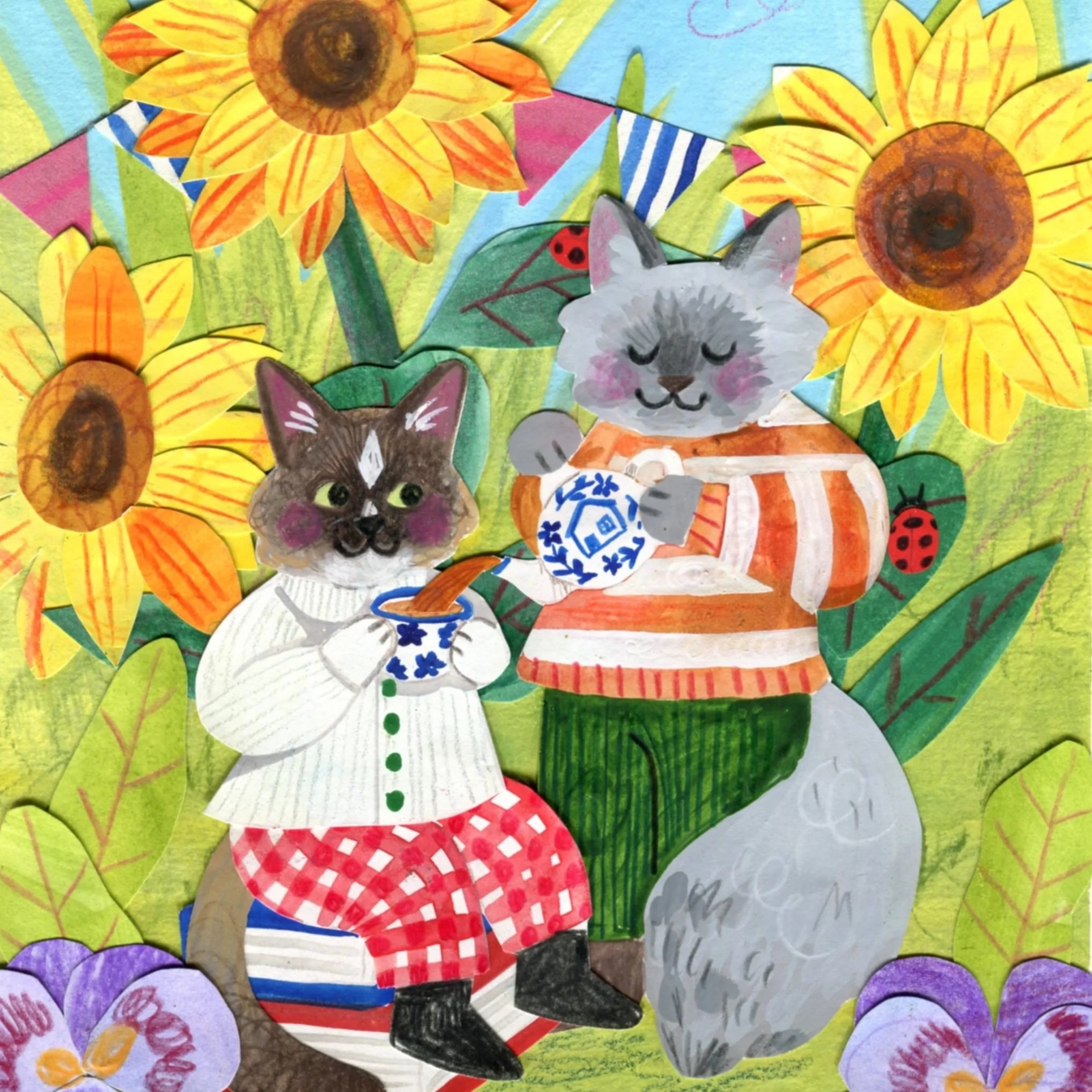 Two ragdoll cats sitting outside with sunflowers, pouring a cup of tea
