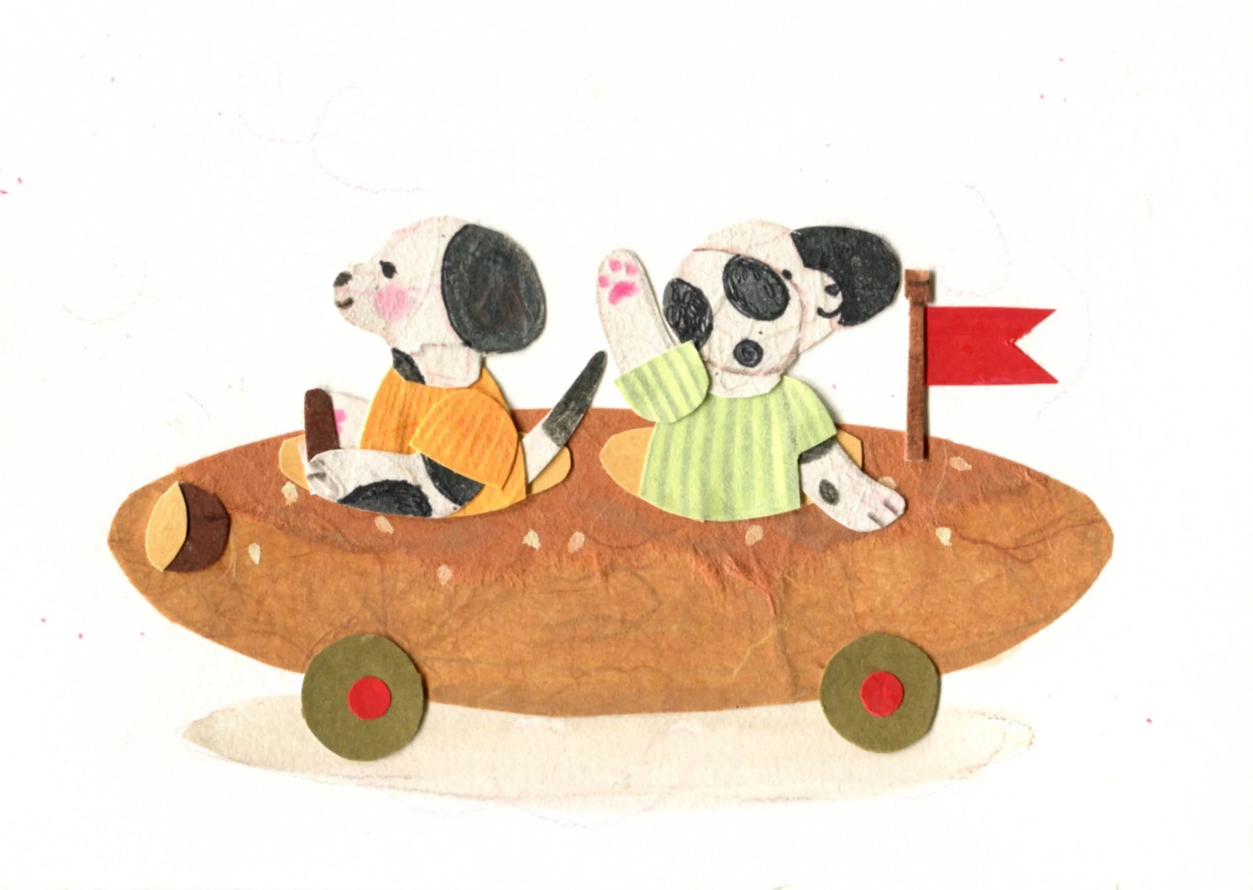 Two adorable dogs in a paper craft illustration, riding in a baguette cart with olive wheels. One dog is wearing an orange shirt and driving, while the other dog is wearing a green shirt and waving. A small red flag is attached to the cart.
