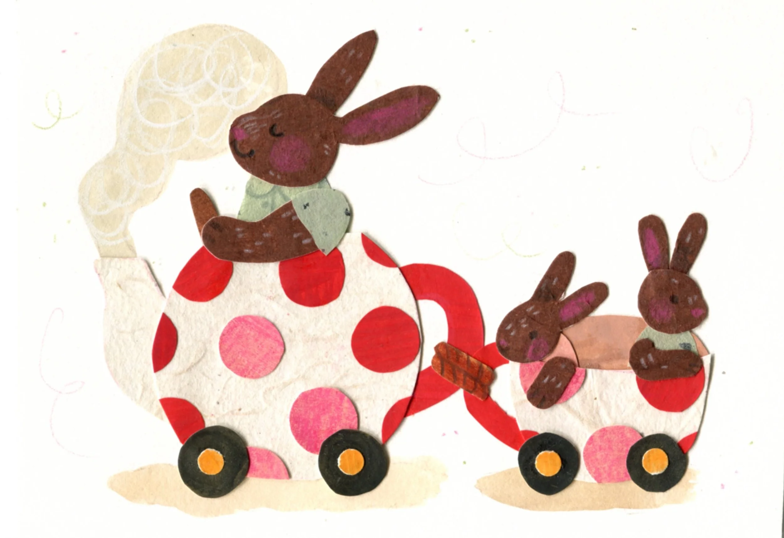 Illustration of three brown rabbits with pink cheeks riding in a teapot with a white body and red polka dots, pulling a tea cup with baby rabbits in it, on a white background with faint swirls.