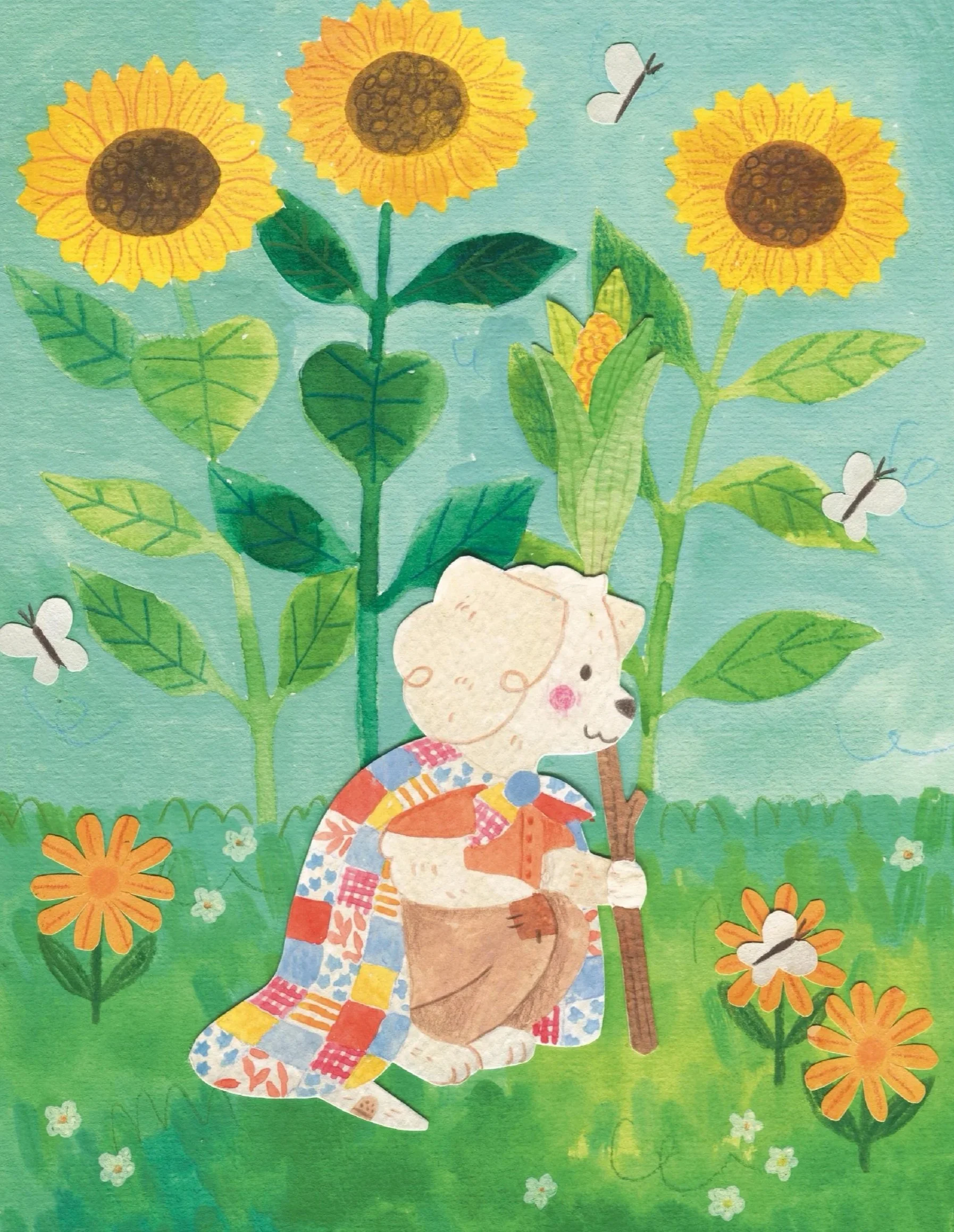 A cute illustration of a puppy with a patchy coat, sitting on grass, wearing a colorful patchwork blanket. The puppy holds a small stick, surrounded by orange and white flowers, green leaves, white butterflies, and three large sunflowers in the background against a light blue sky.