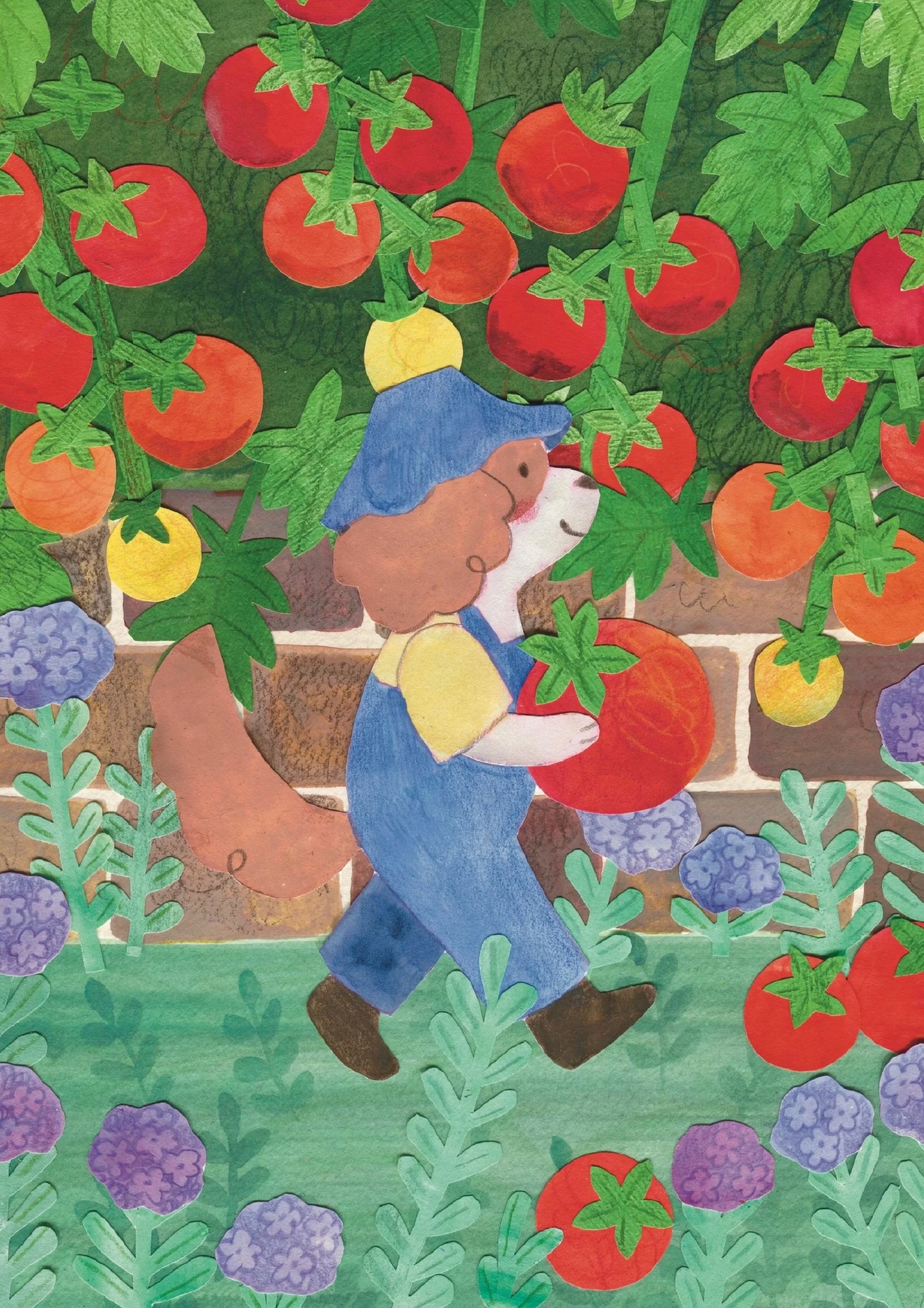 Cute illustration of a spaniel wearing a blue hat, yellow shirt, and blue overalls, picking ripe red tomatoes in a garden filled with green leafy plants, purple flowers, and a brick wall in the background.