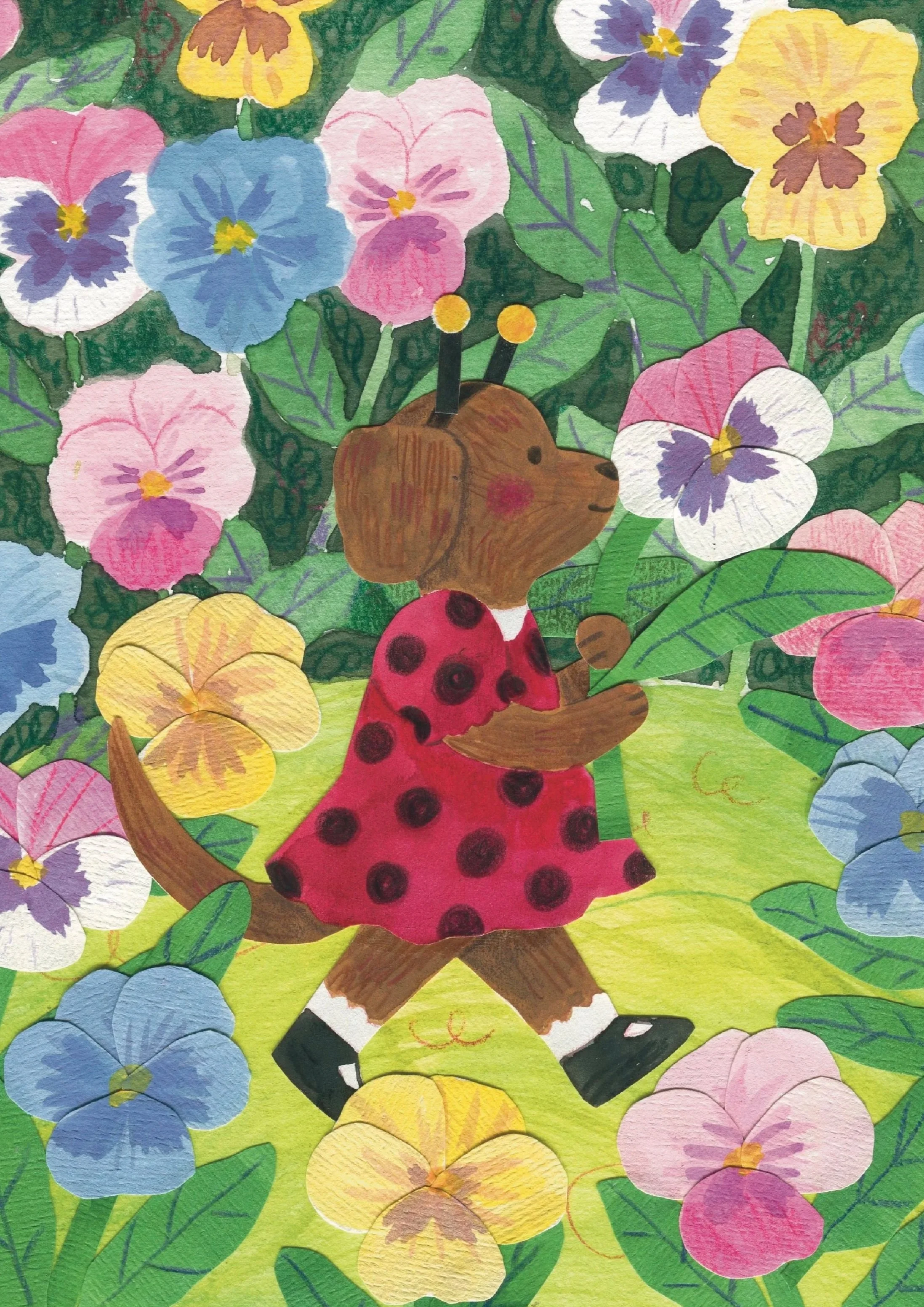 A colorful illustration of a cute, cartoon dog with antennae, wearing a red dress with black spots and black shoes, walking through a garden filled with pink, yellow, purple, and white flowers and green leaves.