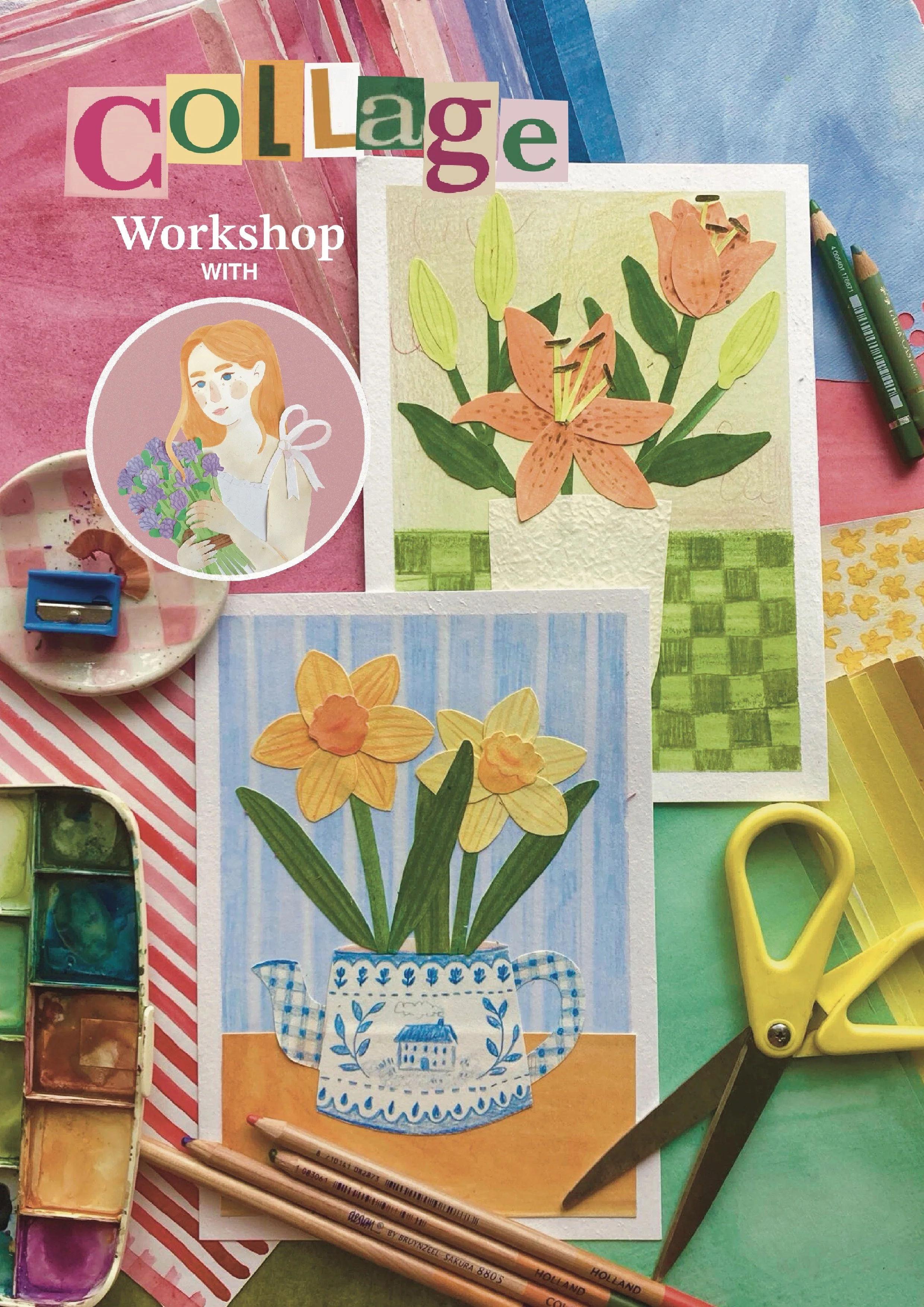 Colorful collage artwork of flowers in vases, created with paper cutouts, surrounded by art supplies like colored pencils, scissors, watercolor paints, and drawing paper.