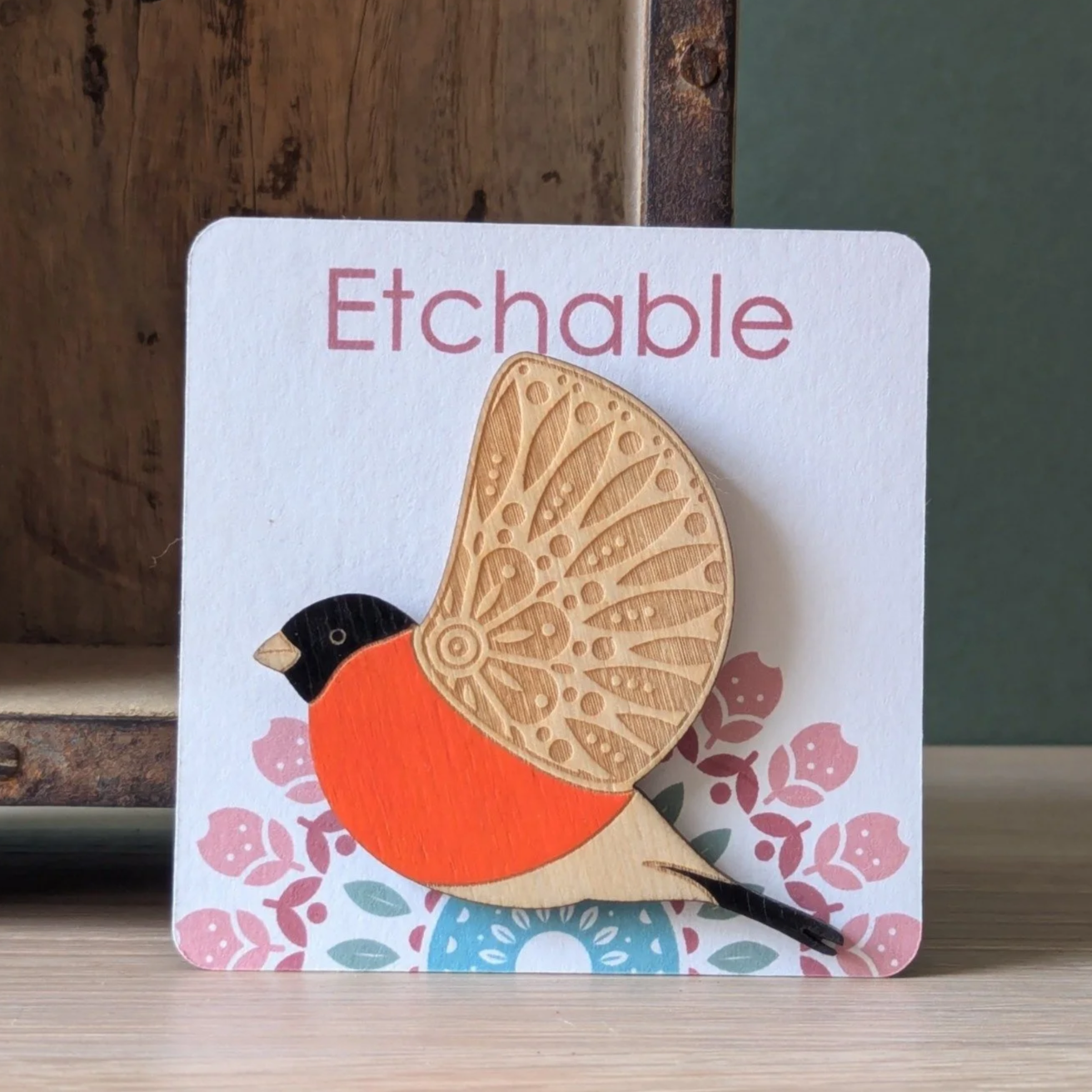 Wooden Bullfinch Brooch