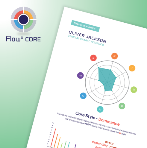 Behavioral assessment results overview showing a circular radar chart with different personality traits highlighted, accompanied by a multicolored Flow Core logo.
