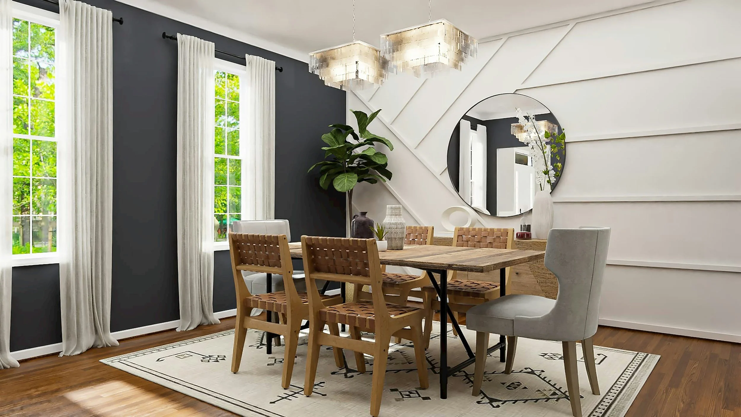 A modern dining room with a wooden table, six chairs, a large window with white curtains, a dark accent wall, a large leafy potted plant, a round mirror on the wall, and a white decorative vase with flowers on the table.