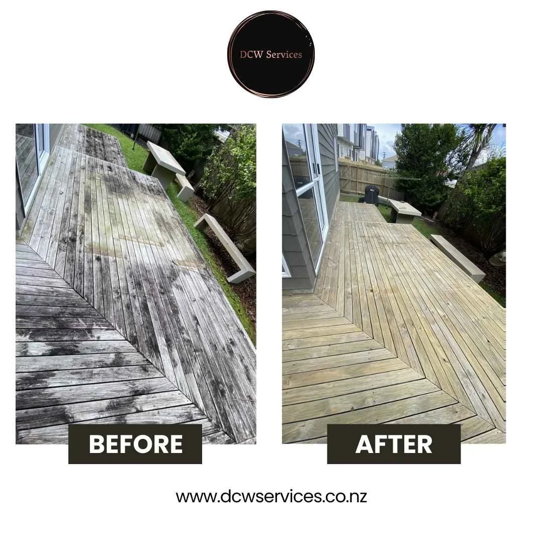 Deck cleaning before and after transformation completed on Auckland North Shore property
