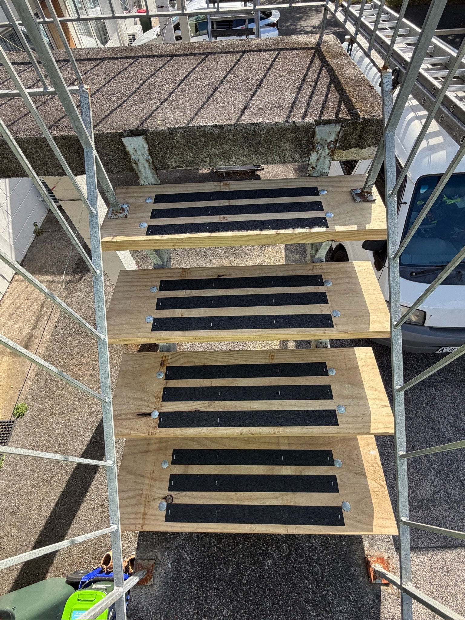Broken concrete stair treads replaced with treated timber treads in South Auckland