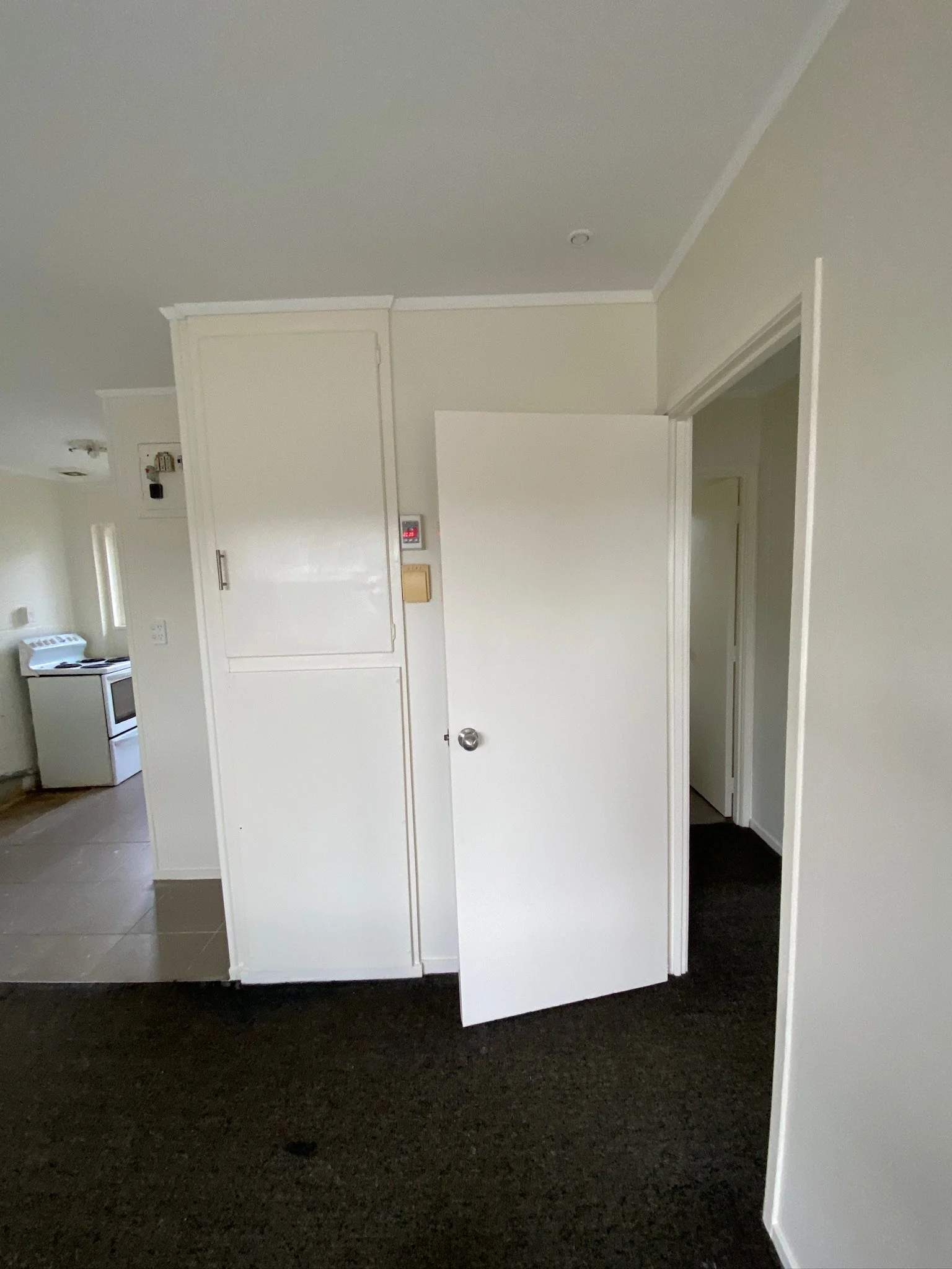 View of a corner in a house with a partially open white door, a black carpeted floor, and a glimpse of a kitchen with a stove in the background.