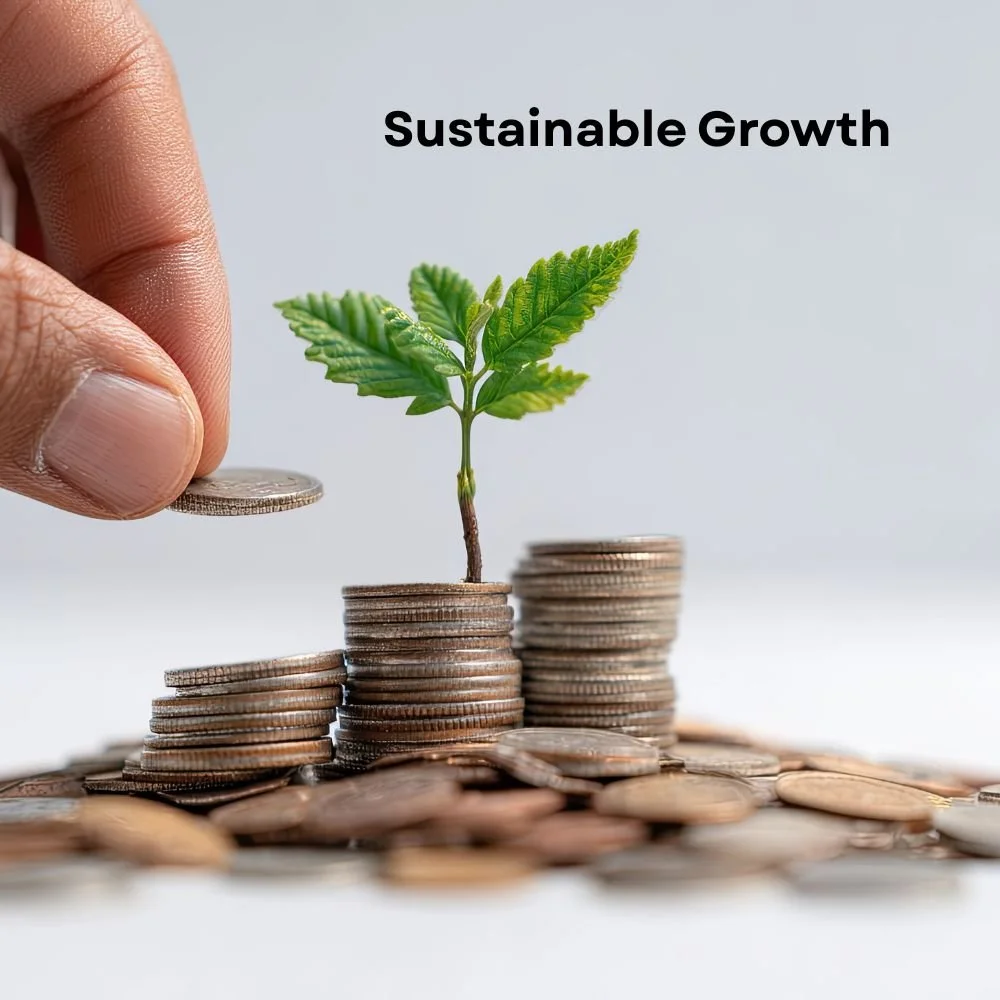 Make savings for your business - a plant growing on a pile of money that a hand is adding to.