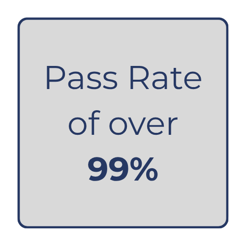 Grey background - Pass rate of 99% written in navy