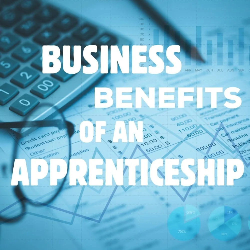 National Apprenticeship week 2025 'business benefits of an apprenticeship' in white over a background of figure sheets and a calculator
