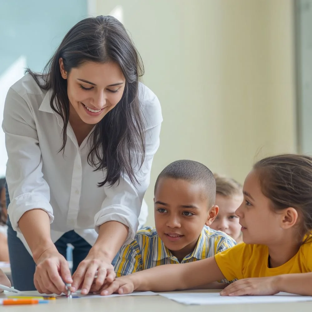 A female helping some children with their work in the classroom during her Teaching Assistant Apprenticeship