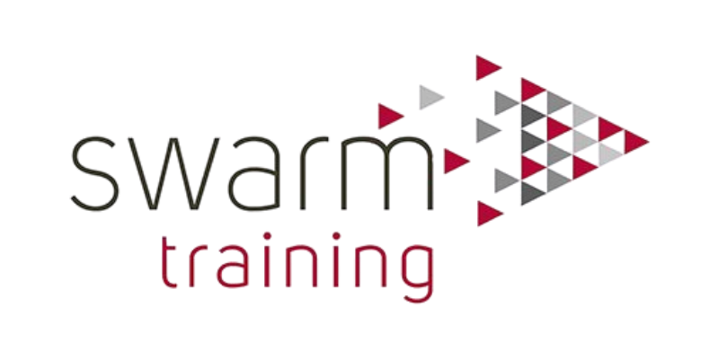 The words Swarm Training accompanied by a mosaic arrow logo pointing to the right