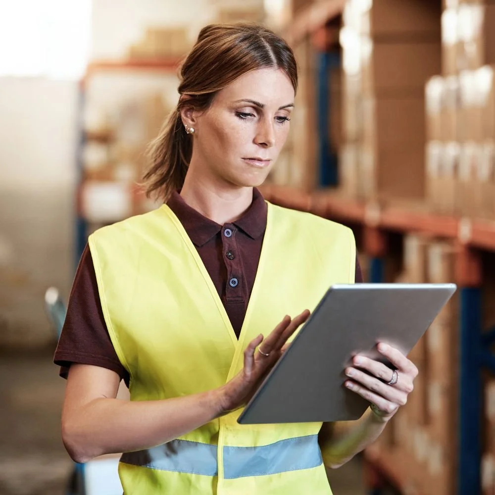 A woman in a high-vis vest with a tablet in a store room on the Supply Chain Practitioner apprenticeship
