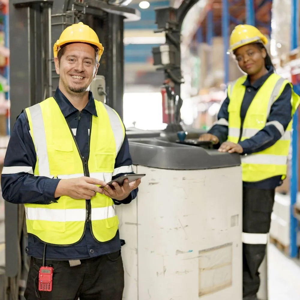 A man and woman in safety vests and hats by a cherry picker in a store room on the supply chain practitioner apprenticeship