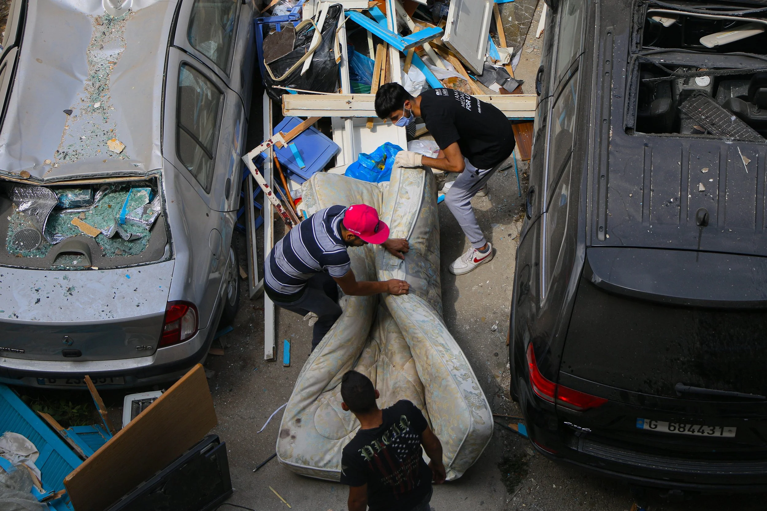 Volunteers cleaning the rubble days after the Beirut blast in Lebanon.